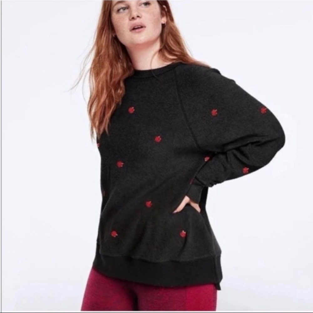 PINK Embroidered Roses Black Fleece Sweatshirt